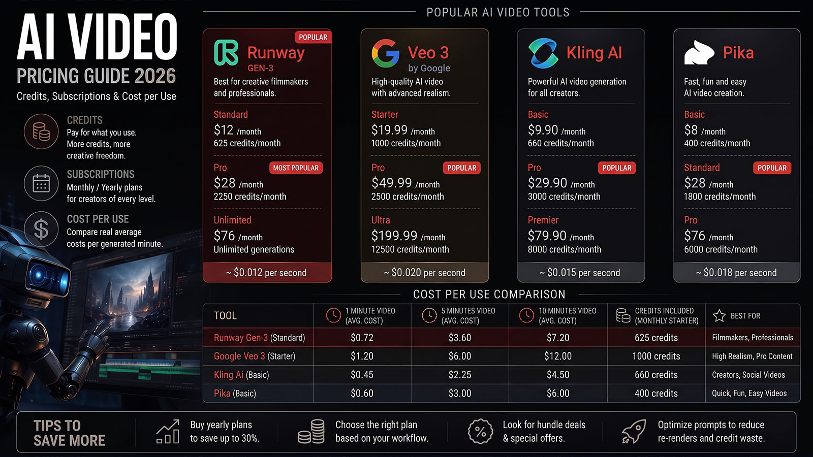 AI Video Pricing Guide 2026: Credits, Subscriptions & Cost per Us